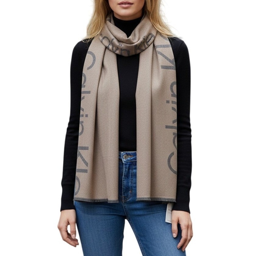 Calvin Klein Scarf Womens‎ OS Tan Grey Logo Reversible Winter Wrap Soft Acrylic